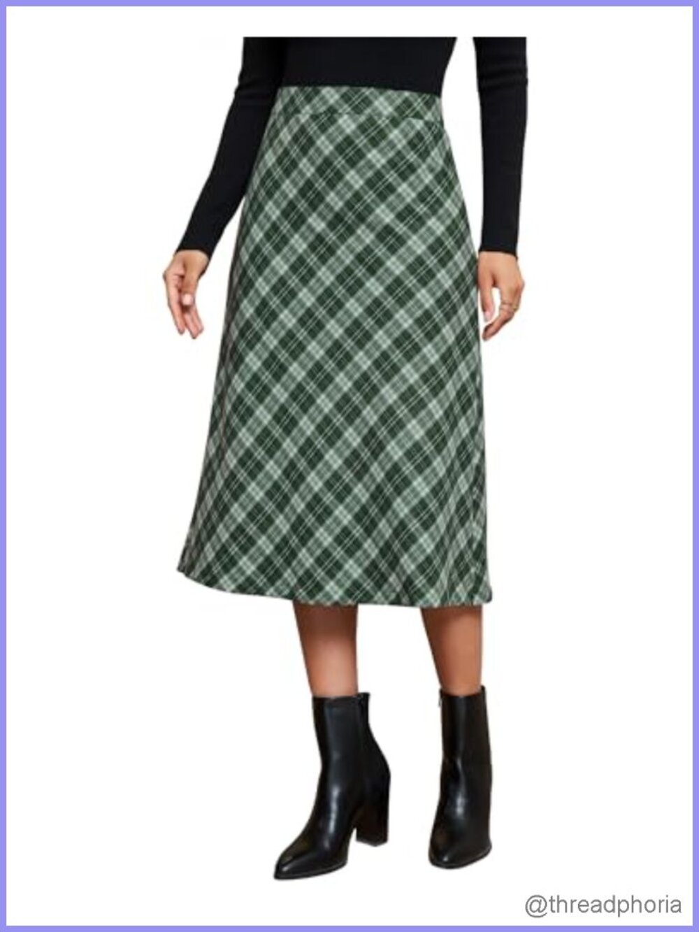 Midi Skirt High Waisted A-Line Plaid Fall Office Work Elastic Waist